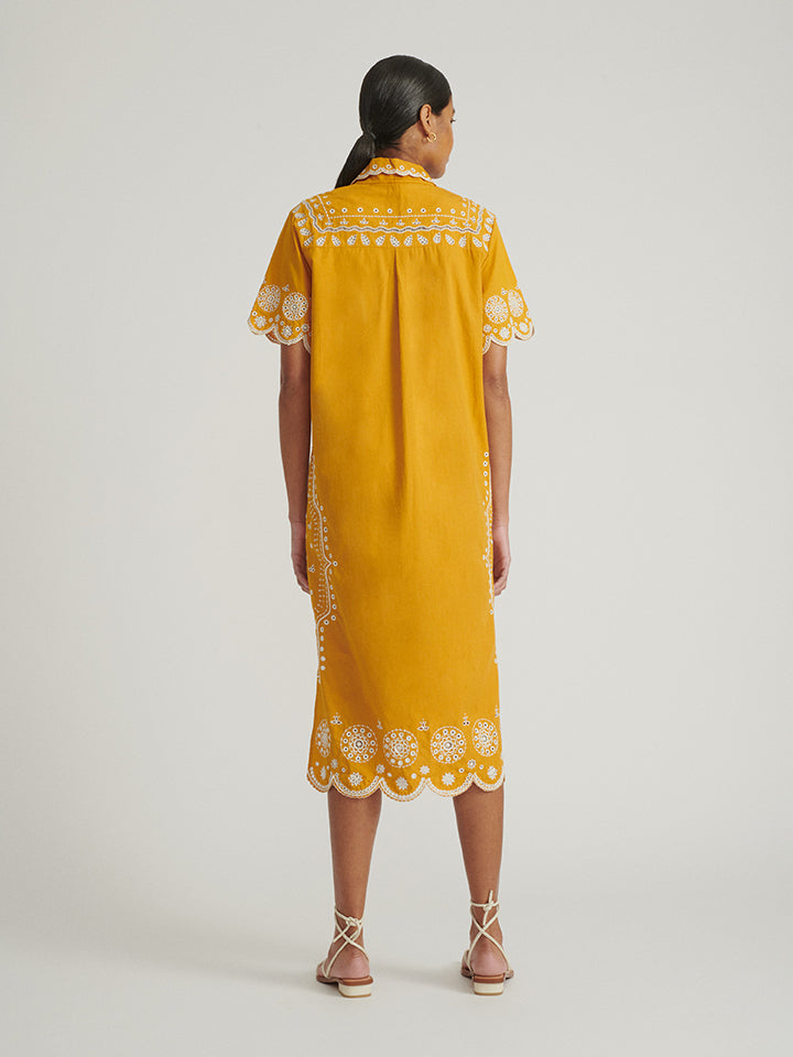 Load image into Gallery viewer, Dree Cotton Broderie-Anglaise Dress in Gold