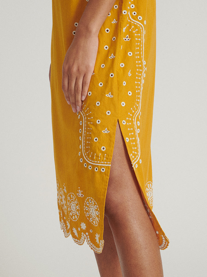 Load image into Gallery viewer, Dree Cotton Broderie-Anglaise Dress in Gold