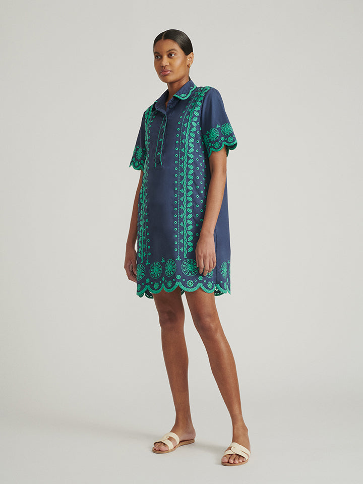 Load image into Gallery viewer, Dree Cotton Broderie-Anglaise Shirt Dress in Navy Green