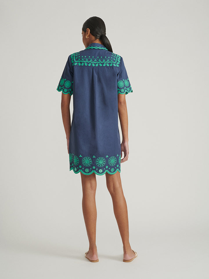 Load image into Gallery viewer, Dree Cotton Broderie-Anglaise Shirt Dress in Navy Green