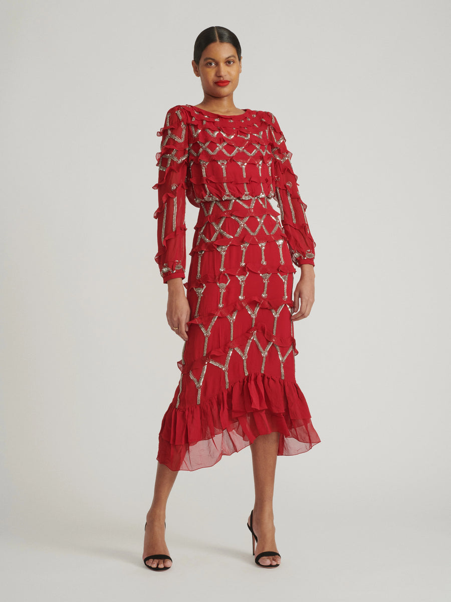 Isa D Dress in Cherry Embroidered – SALONI
