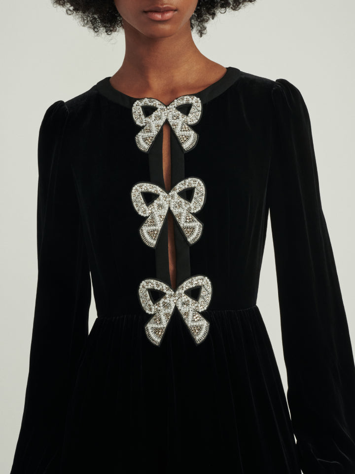 Load image into Gallery viewer, Camille Velvet Embellished Bows Dress in Black