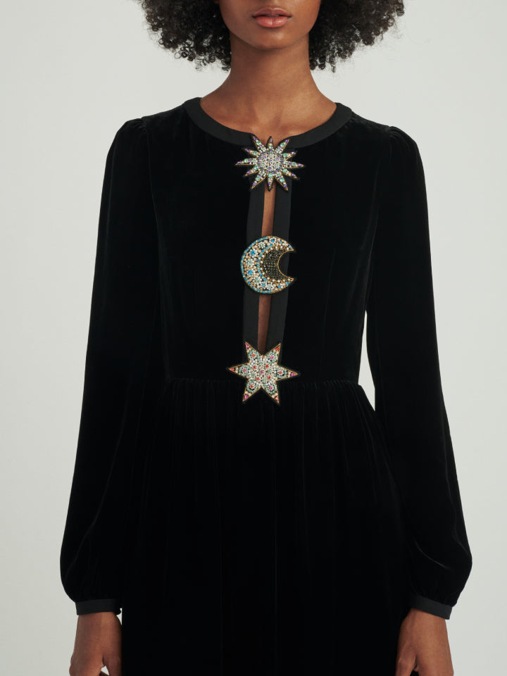 Load image into Gallery viewer, Camille Embellished Sun Moon Star Long Dress in Black