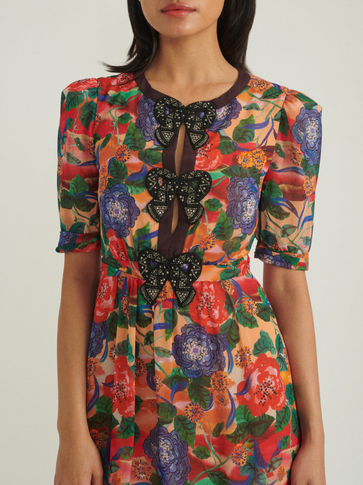 Load image into Gallery viewer, Jamie Short Dress with Bows in Dianthus print
