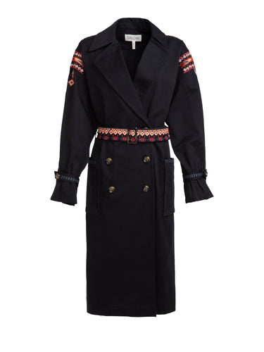 Black Trench With Ikat Embroidery