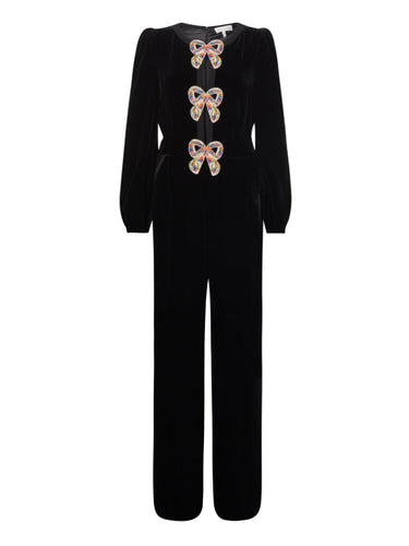 Camille Velvet Embellished Bows Jumpsuit in Black with Rainbow Bows