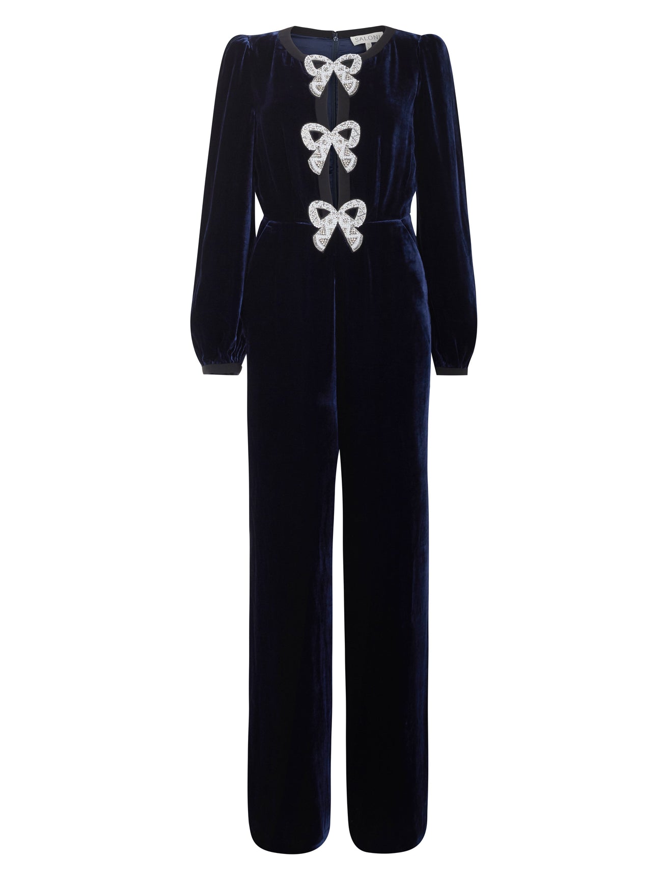 Load image into Gallery viewer, Camille Velvet Embellished Bows Jumpsuit in Navy