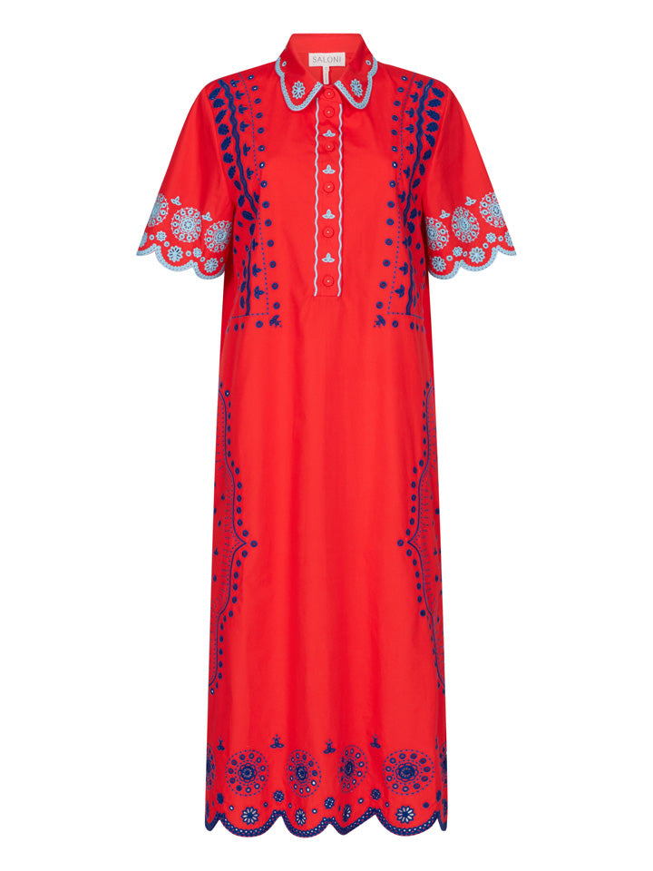 Load image into Gallery viewer, Dree Cotton Broderie-Anglaise Dress in Scarlet Azure