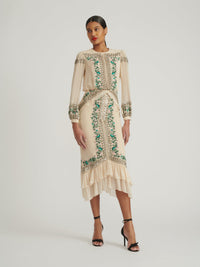 Isa Silk B Dress in Cream Garden Embroidery