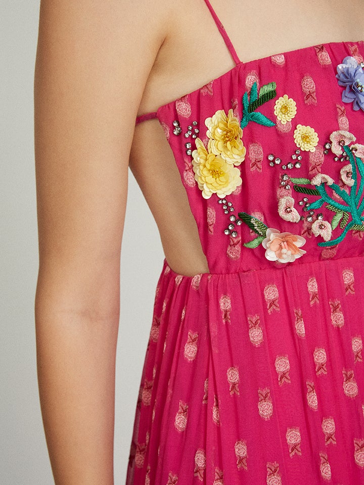 Lucy Dress in Magenta with Embroidered Details