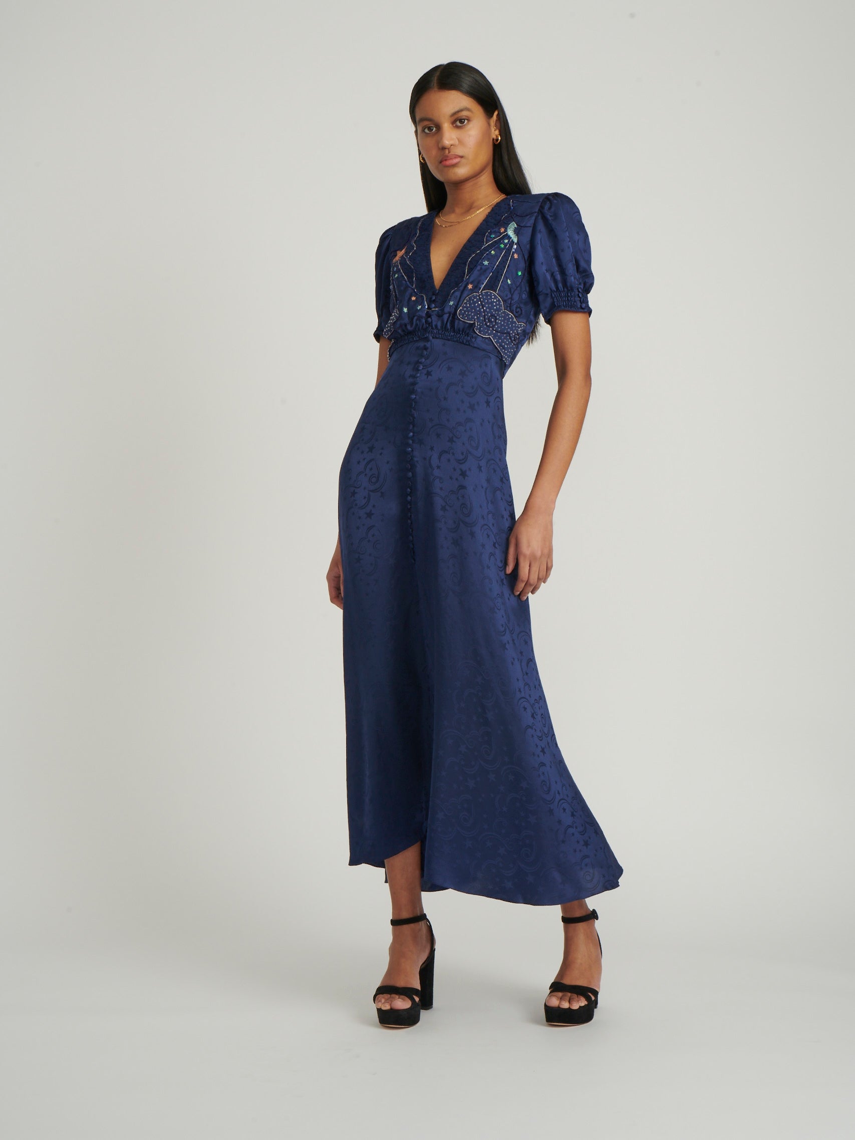 Venyx Lea Long Dress in Navy Astro Embroidered