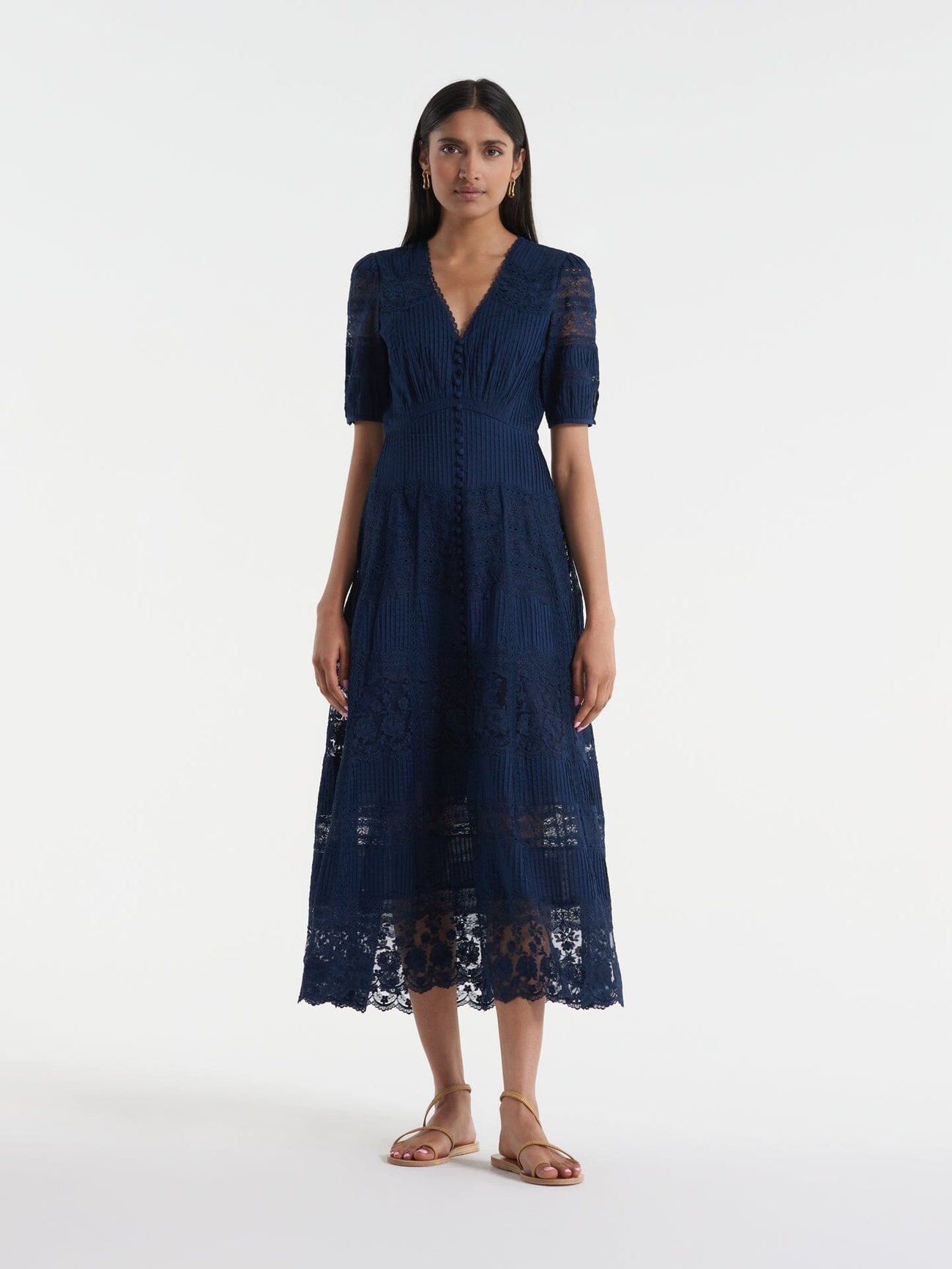 Load image into Gallery viewer, Lea Long Lace Dress in Navy