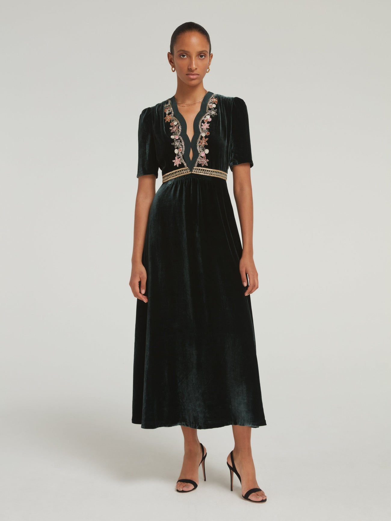 Load image into Gallery viewer, Tabitha Dress in Forest Green with Vine Embroidery