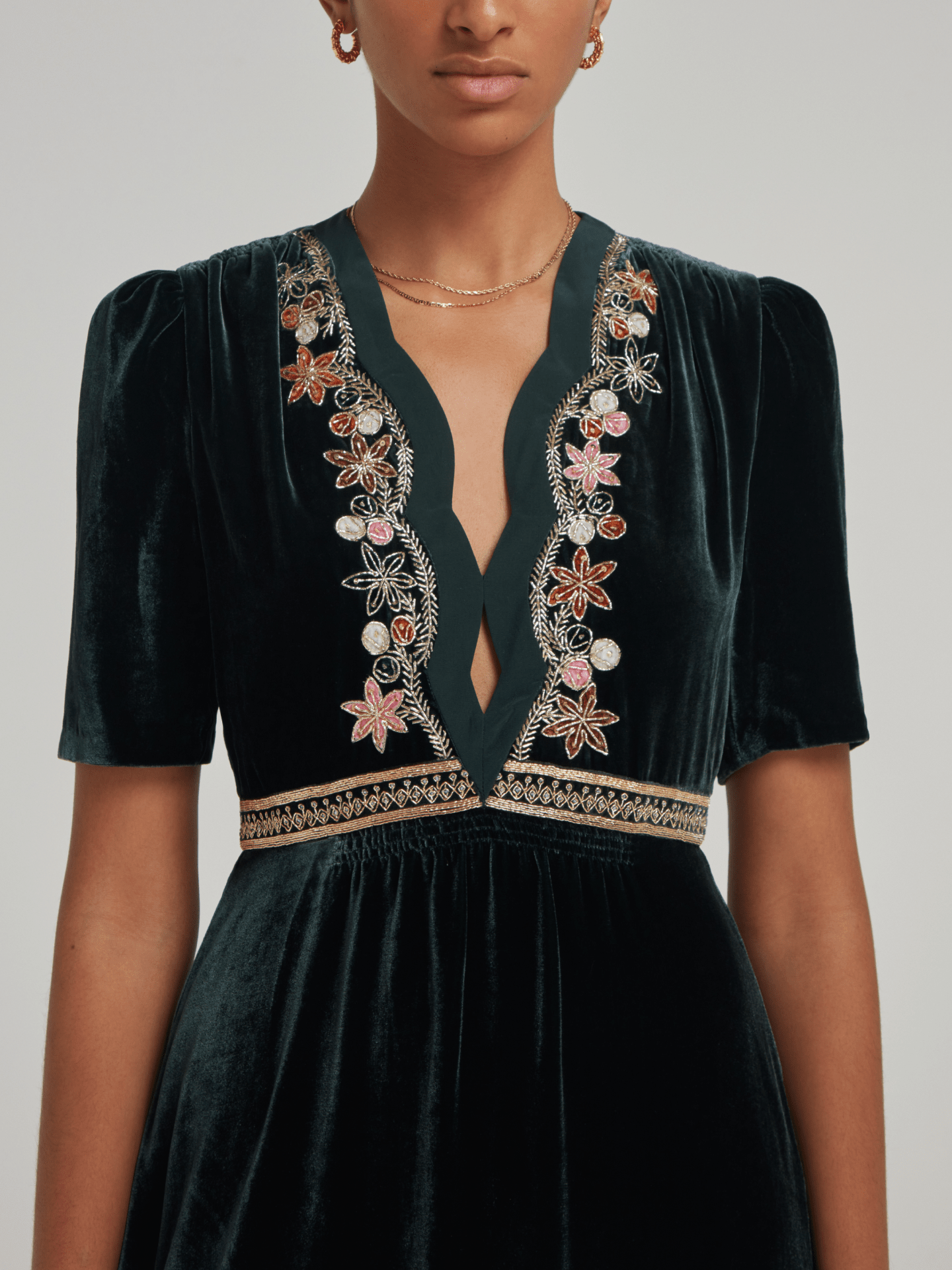 Tabitha Dress in Forest Green with Vine Embroidery
