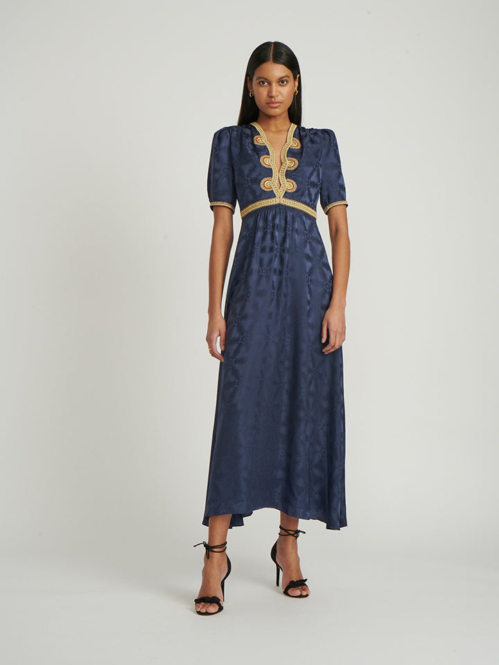Load image into Gallery viewer, Tabitha Dress in Navy with Ornate Embroidery