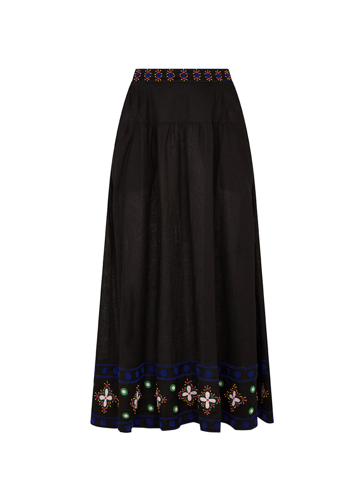 Della B Skirt in Black with Geo Flower Embroidery