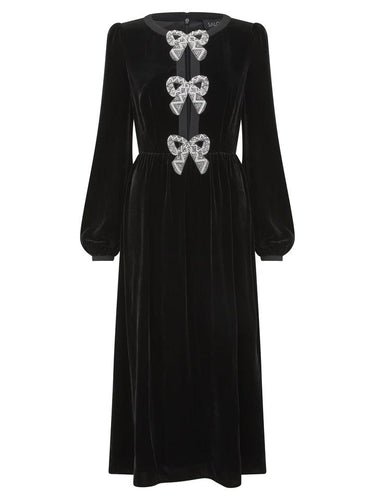 Camille Velvet Embellished Bows Dress in Black