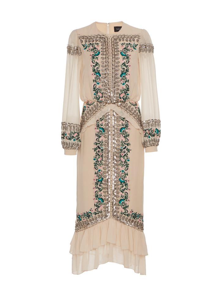 Isa Silk B Dress in Cream Garden Embroidery