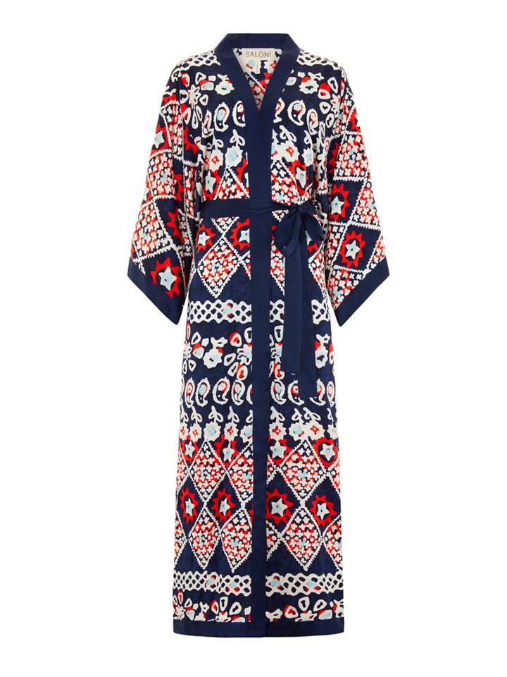 Load image into Gallery viewer, Silk Kimono Robe in Navy Batik